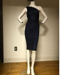 Le Chateau Navy Blue stretchy shiny sparkle metallic one shoulder dress NWT